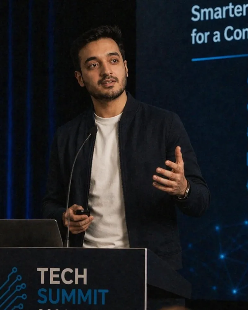 Sharjeel Khan speaking at a conference